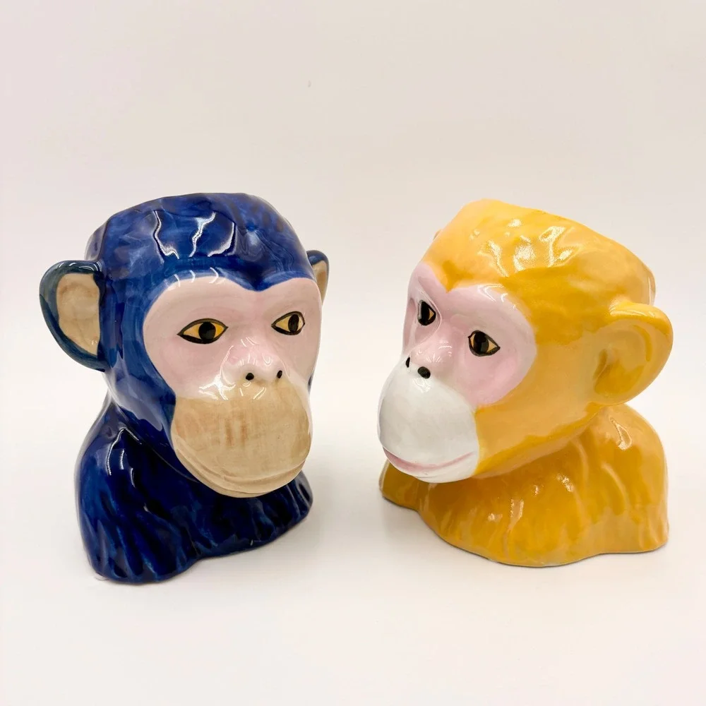 Ceramic Monkey Bust Planter Vase Set Blue‎ and Yellow Glossy Glaze Primate Decor